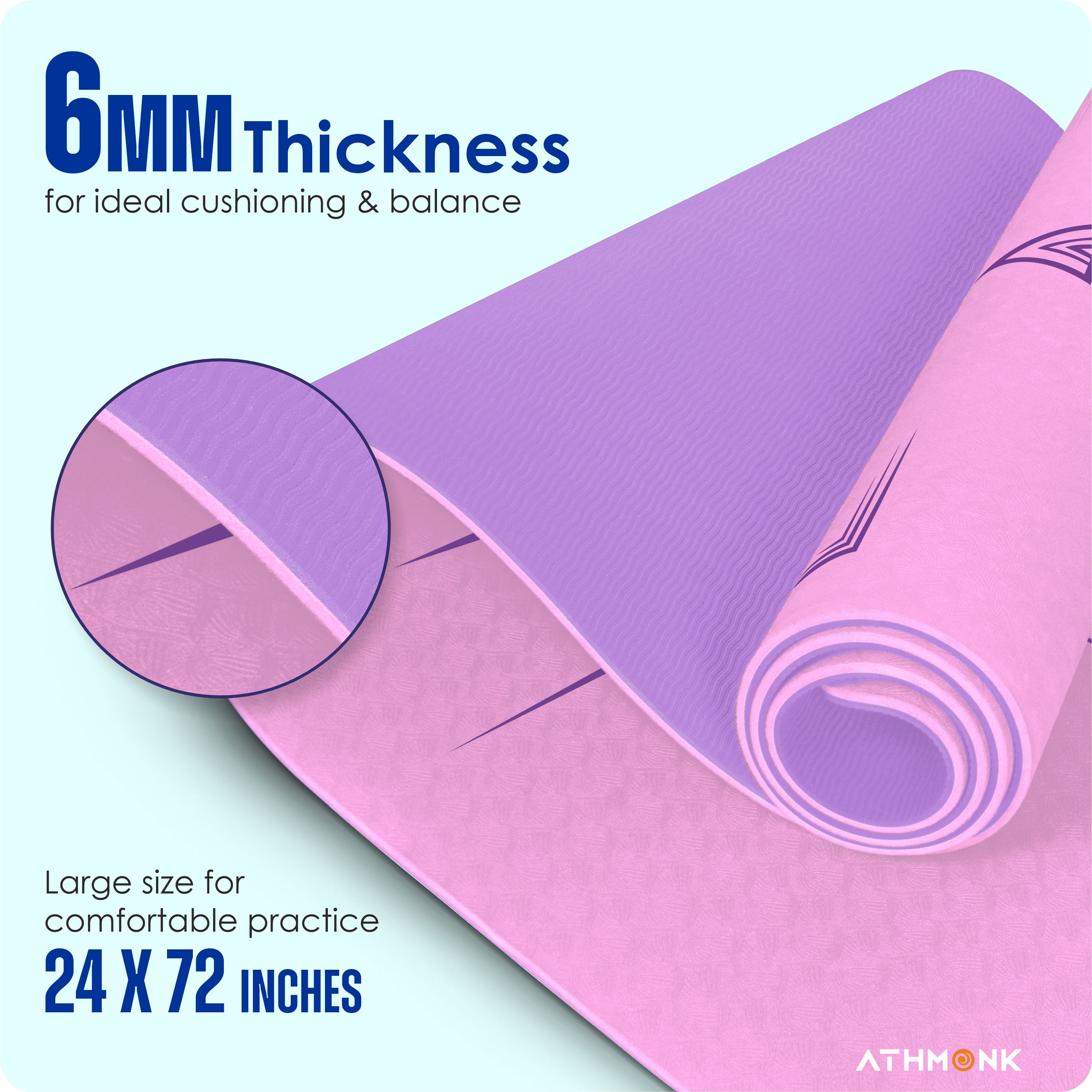 Athmonk Dual Colour TPE Pro Yoga Mat for Woman and Man with Alignment Guide Lines | Home Gym Equipment Exercise Mats for Workout | 6mm Thick Anti Slip Mat for Kids | Big Size with Cover Bag